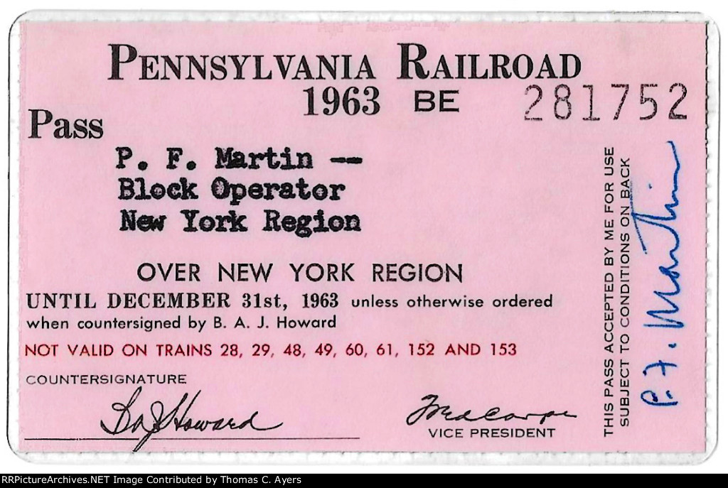 PRR Employe P.F. Martin Pass, Front Side, 1963